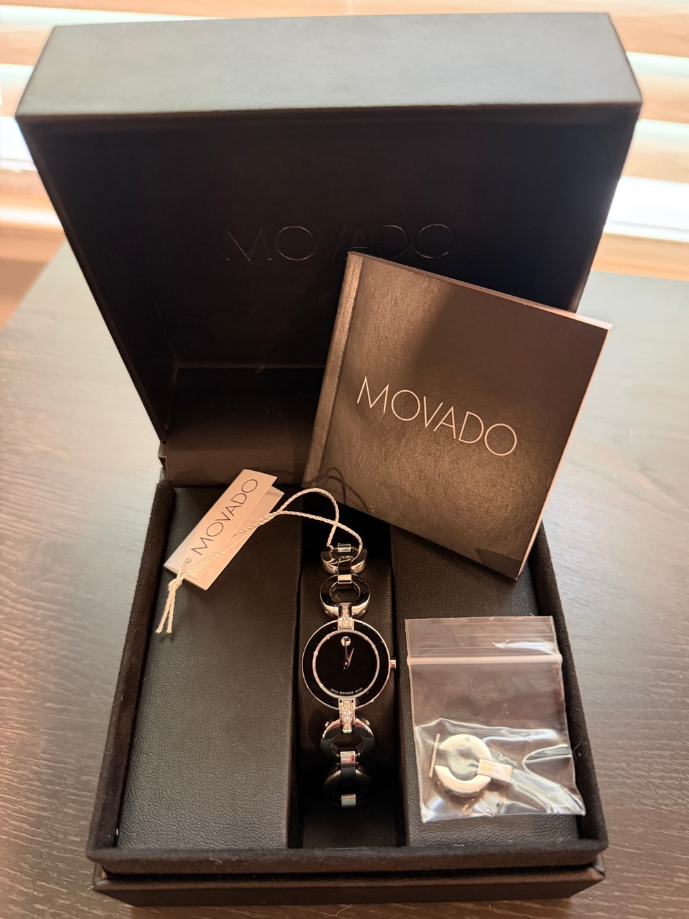Movado Women's Black and Silver Round Dial Link Bracelet Watch